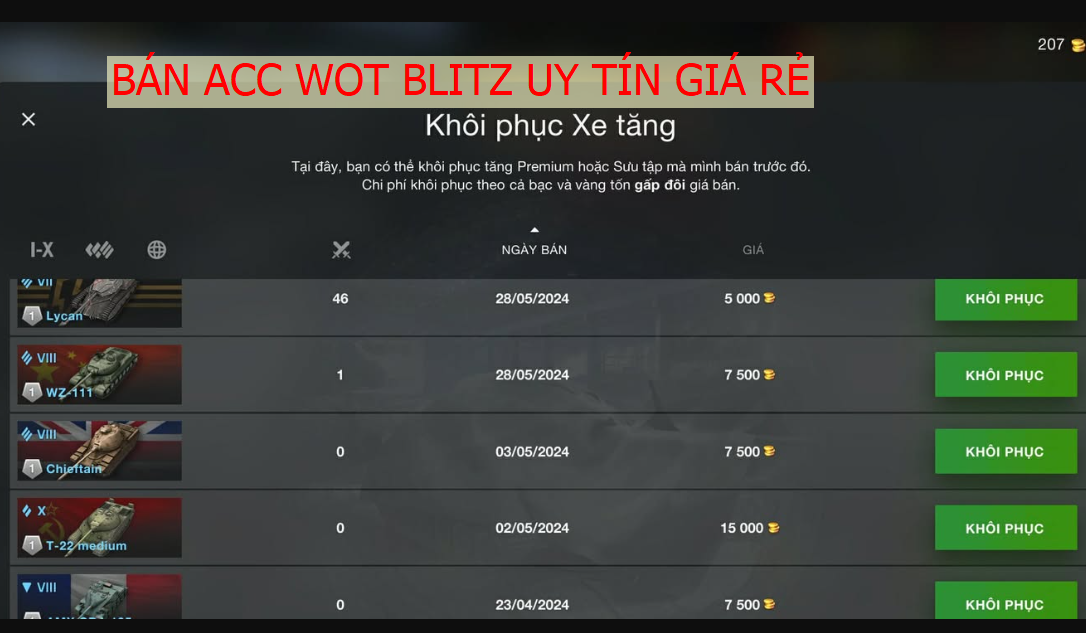 Bán acc wot blitz uy tin giá rẻ