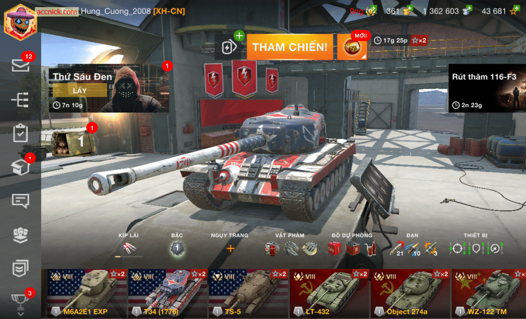 acc wot blitz này có Tổng 12 chiếc từ tier 5 đến 9