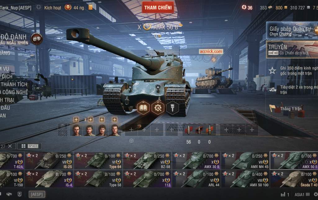 Acc World of Tanks PC gồm 6 tank X BZ-75, 113, IS-4, T-62A AMX30B, AMX50B cùng 5 premium đa dạng