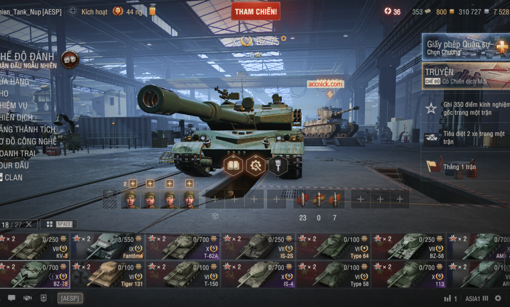 Acc World of Tanks PC gồm 6 tank X BZ-75, 113, IS-4, T-62A AMX30B, AMX50B cùng 5 premium đa dạng