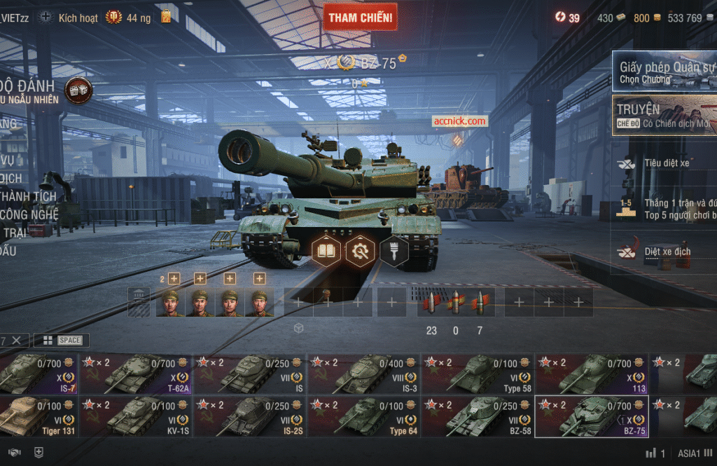 Acc World of Tanks PC sở hữu 6 tank X BZ-75, 113, IS-7, T-62 AMX 30B và BatChat 25T