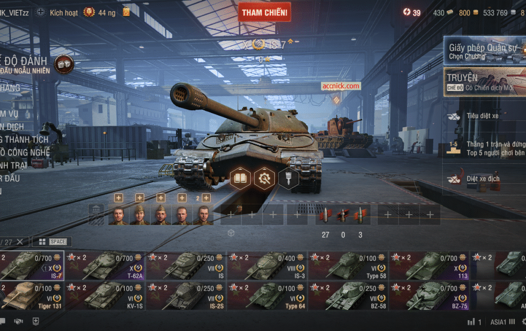 Acc World of Tanks PC sở hữu 6 tank X BZ-75, 113, IS-7, T-62 AMX 30B và BatChat 25T
