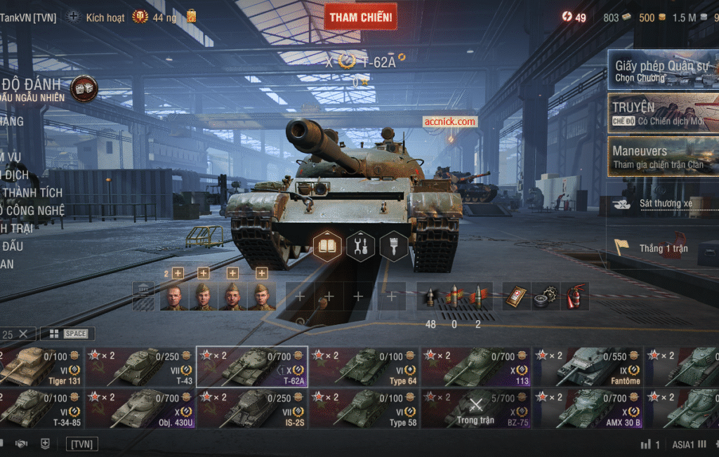 Acc World of Tanks PC gồm 6 tank X BZ-75, 113, Obj 430U, T-62a