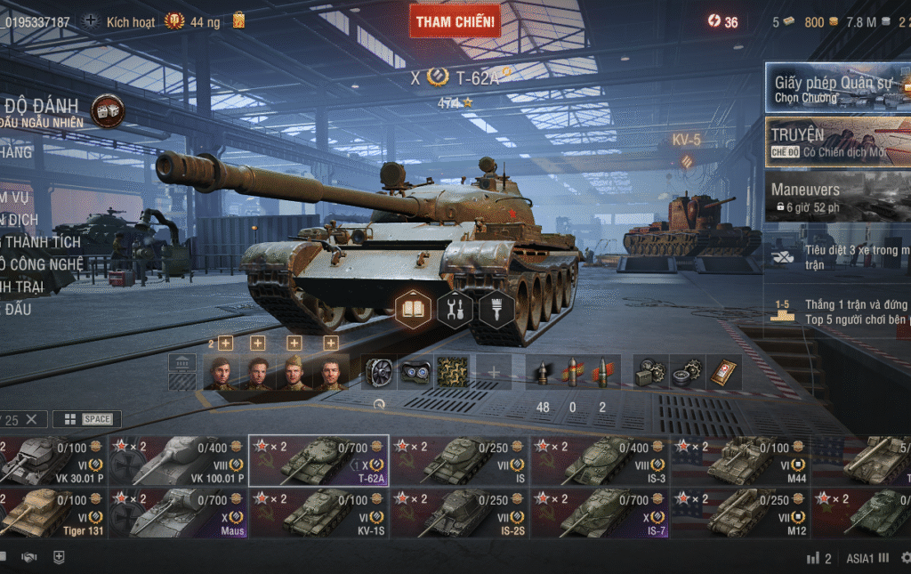 Acc World of Tanks PC gồm 4 tank X IS-7, T-62A, Maus, T92 HMC, 7.8 triệu bạc