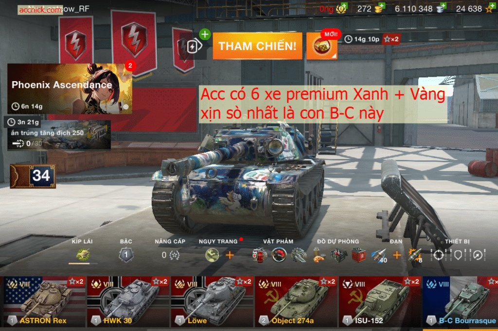 Acc có 6 xe premium Xanh + Vàng