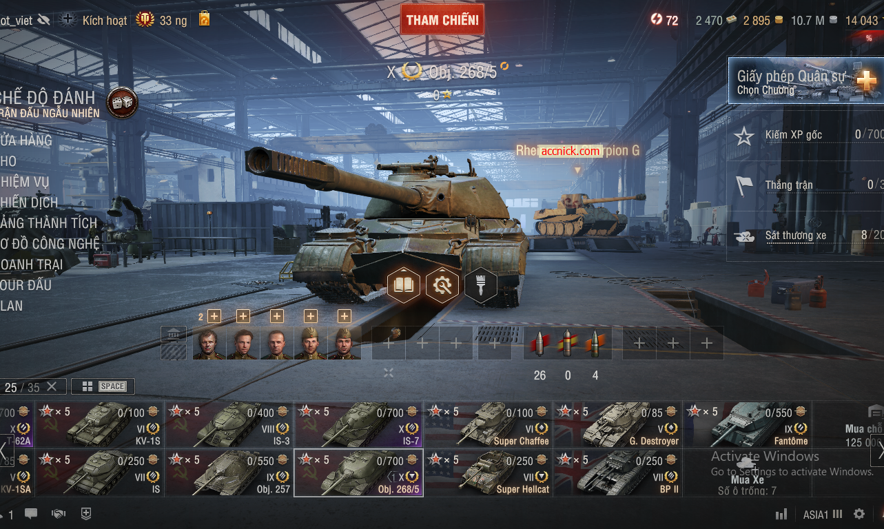Acc World of Tanks có sẵn 25 tank gồm 4 Xe Cấp 10 T62A, IS-7...