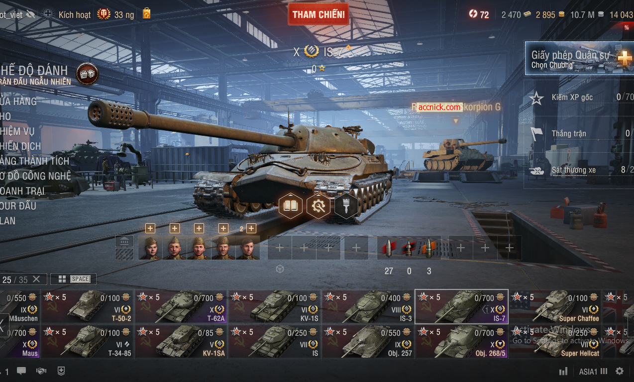 Acc World of Tanks có sẵn 25 tank gồm 4 Xe Cấp 10 T62A, IS-7...