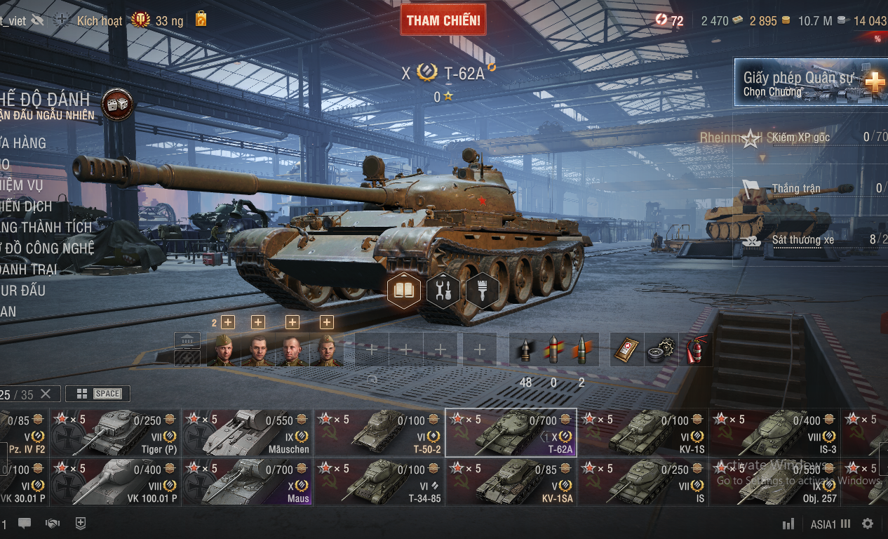 Acc World of Tanks có sẵn 25 tank gồm 4 Xe Cấp 10 T62A, IS-7...