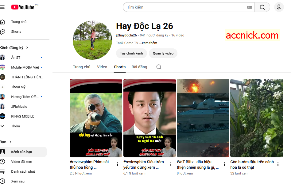 Bán gấp kênh youtube đạt 941 Sub Tự Nhiên View Short 6k+ Sạch 100%
